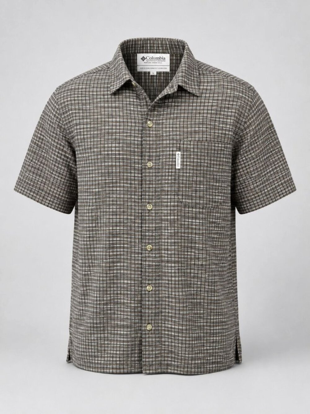 Columbia Men's Large Shirt Brown Black Plaid Short Sleeve Button-Down Casual